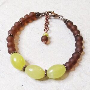 Green Jade + Dark Brown Recycled Glass Beads! Adjustable Bracelet for 7-8" Wrist
